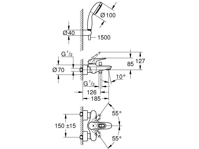 GROHE Badewannenarmatur Eurostyle, offener Griff, mit Brause 2 GROHE Badewannenarmatur Eurostyle, offener Griff, mit Brause – Bild 2