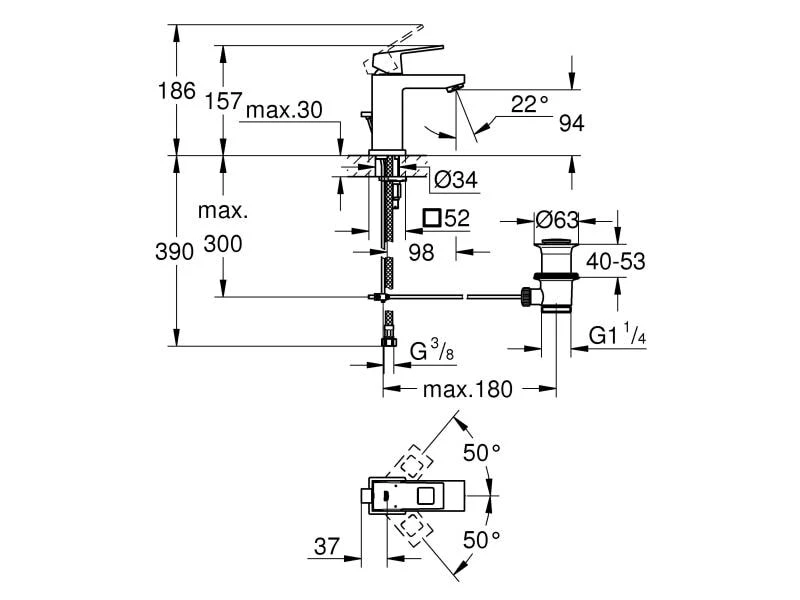 GROHE Lavaboarmatur Eurocube S-Size 1/2", Chrom, mit Zugstange 2 GROHE Lavaboarmatur Eurocube S-Size 1/2", Chrom, mit Zugstange – Bild 2